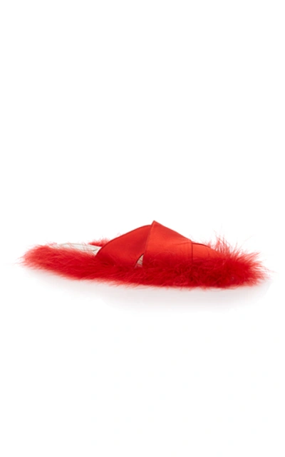 Shop Simone Rocha Faux Fur-trimmed Satin Mules In Red