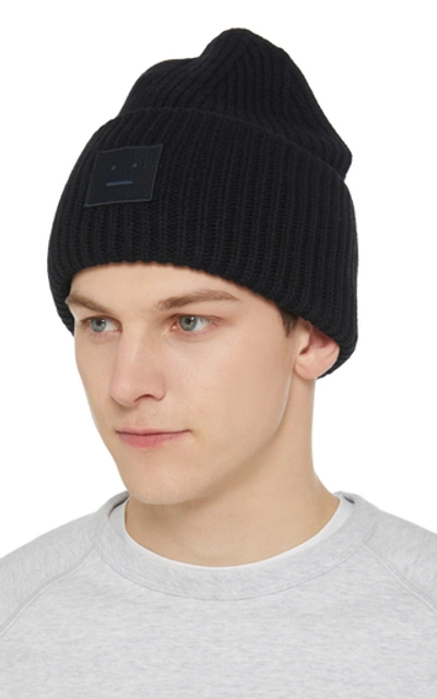 Shop Acne Studios Appliquéd Rib-knit Wool Beanie In Black