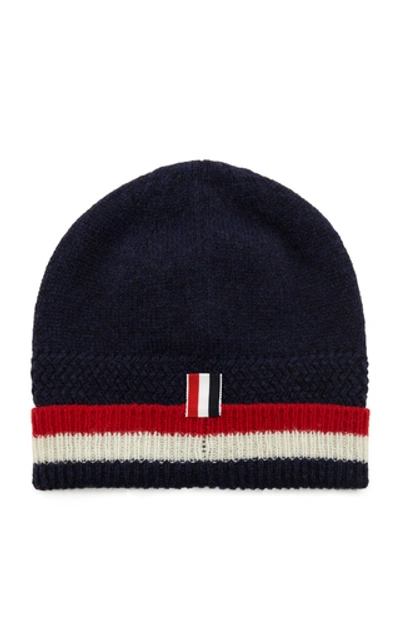 Shop Thom Browne Striped Ribbed Wool Beanie In Navy