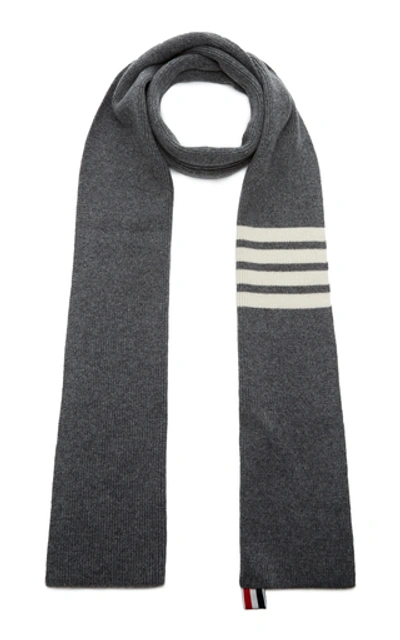 Shop Thom Browne Stripe-detailed Cashmere Scarf In Grey