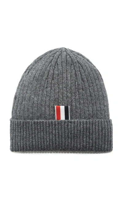 Shop Thom Browne Striped Ribbed Cashmere Beanie In Grey