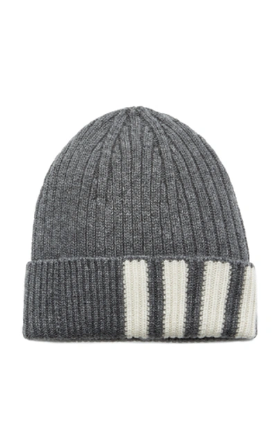 Shop Thom Browne Striped Ribbed Cashmere Beanie In Grey