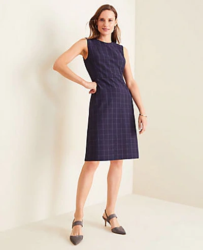 Shop Ann Taylor The Sheath Dress In Navy Windowpane Bi-stretch In Blue