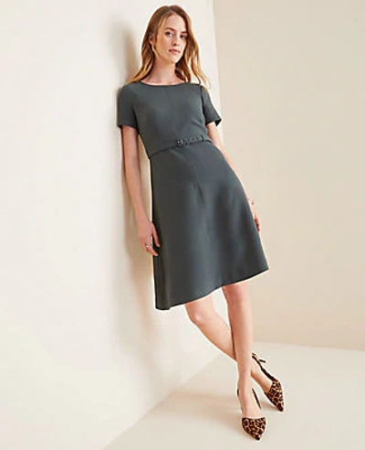 Shop Ann Taylor Doubleweave Belted Flare Dress In Green