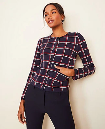 Shop Ann Taylor Plaid Cropped Cardigan In Blue