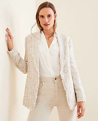 Shop Ann Taylor Fringe Tweed Shawl Collar Jacket In Ivory Multi