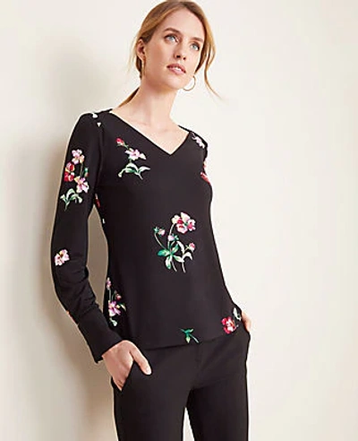 Shop Ann Taylor Floral Matte Jersey V-neck Top In Black