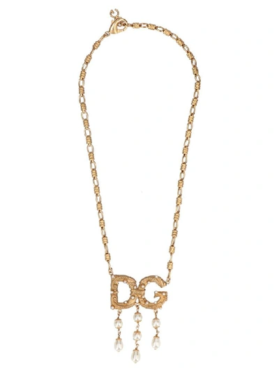 Shop Dolce & Gabbana Pearl And Logo Necklace In Gold