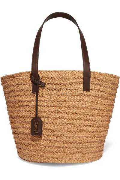 Shop Saint Laurent Panier Medium Leather-trimmed Raffia Tote In Brown