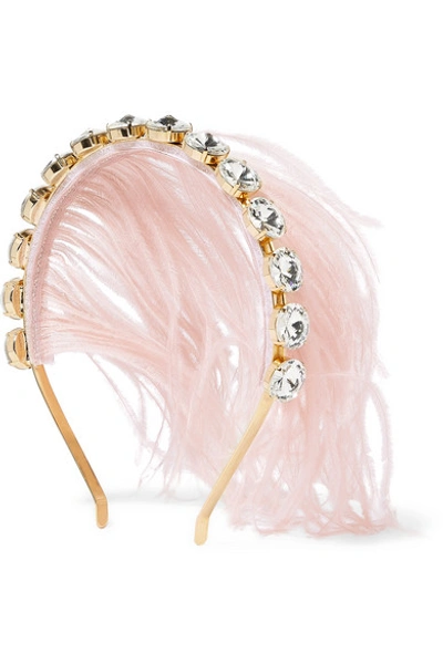 Shop Rosantica Revolution Gold-tone, Feather And Crystal Headband In Pink