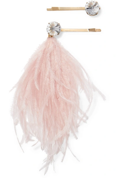 Shop Rosantica Revolution Set Of Two Gold-tone Feather And Crystal Hair Slides In Pink