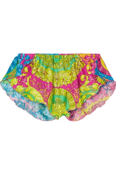 Shop Versace Printed Silk-twill Shorts In Chartreuse