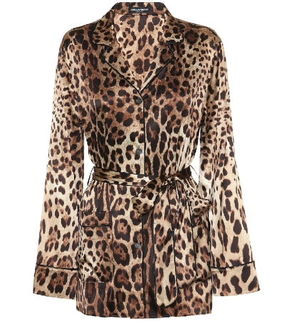 Dolce & Gabbana Diva Belted Leopard-print Silk-blend Satin Pajama Shirt In Beige