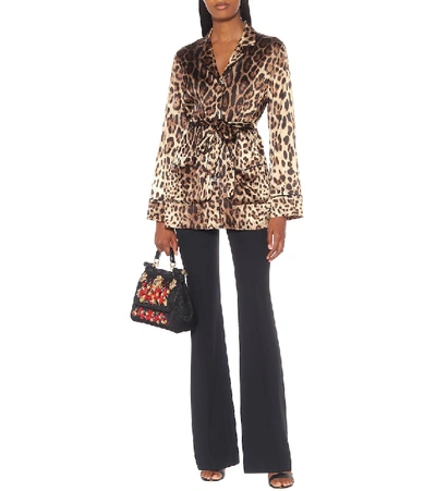 Dolce & Gabbana Diva Belted Leopard-print Silk-blend Satin Pajama Shirt In Beige