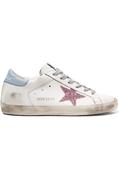 Shop Golden Goose Superstar Glittered Distressed Leather Sneakers In White