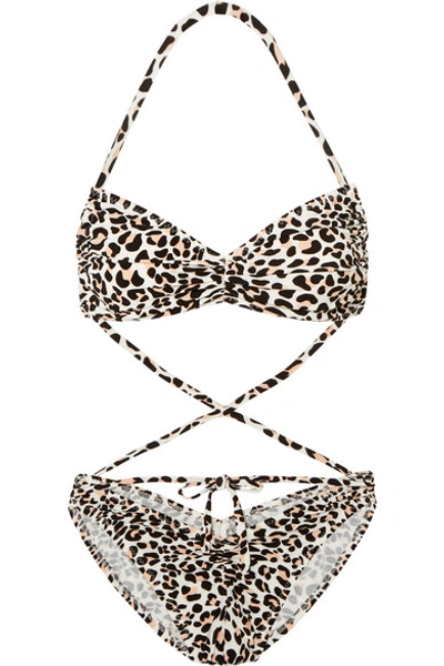 Shop Norma Kamali Butterfly Ruched Halterneck Leopard-print Bikini In Leopard Print