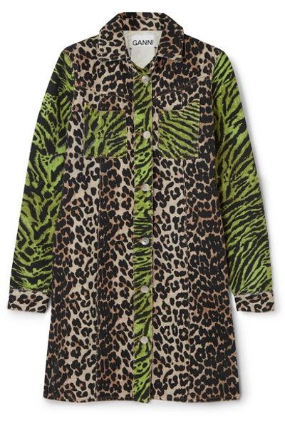 Shop Ganni Paneled Animal-print Denim Mini Dress In Leopard Print