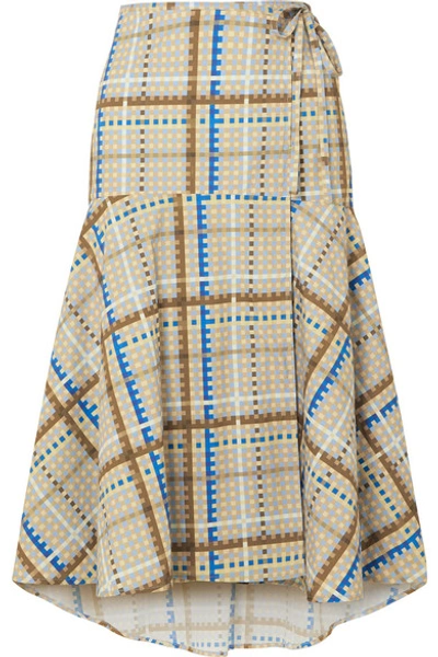 Shop Ganni Tiered Checked Cotton-poplin Wrap Skirt In Light Blue