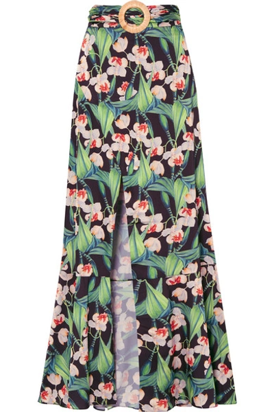 Shop Patbo Belted Wrap-effect Floral-print Crepe Maxi Skirt In Black