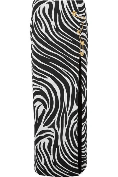 Shop Versace Embellished Zebra-print Satin Maxi Skirt In Black