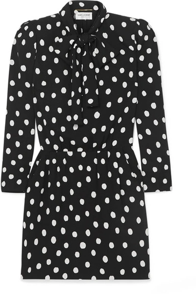 Shop Saint Laurent Pussy-bow Printed Crepe Mini Dress In Black