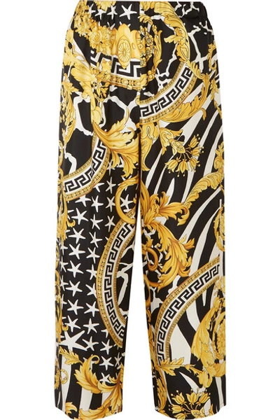 Shop Versace Printed Silk-twill Straight-leg Pants In Yellow
