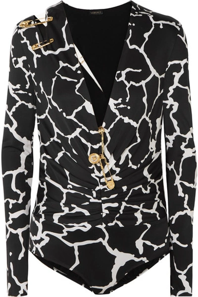 Shop Versace Embellished Cutout Printed Satin Bodysuit In Black