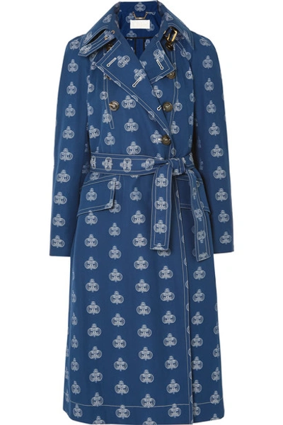 Shop Chloé Belted Cotton-jacquard Trench Coat In Dark Denim