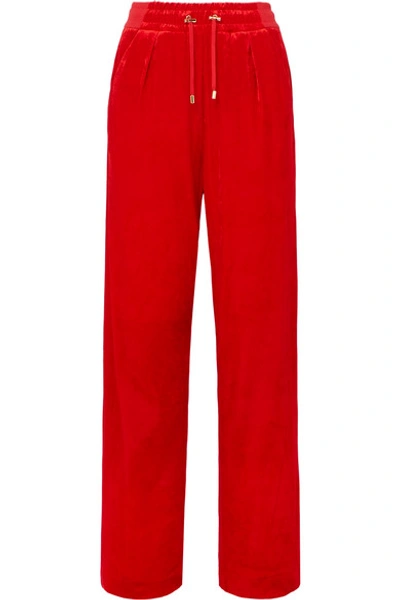 Shop Balmain Velvet Track Pants In Red