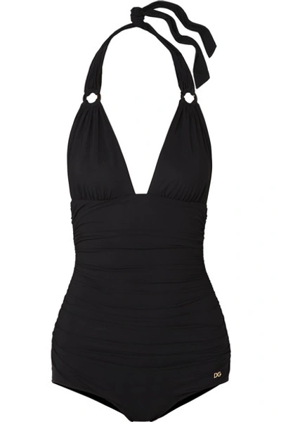 Shop Dolce & Gabbana Ruched Halterneck Swimsuit In Black