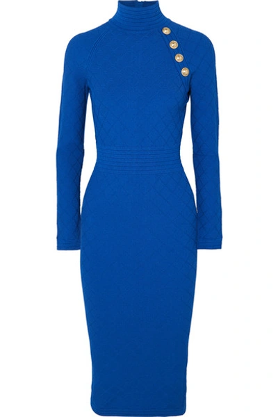 Shop Balmain Button-embellished Jacquard-knit Midi Dress In Blue