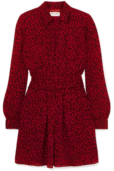 Shop Saint Laurent Leopard-print Crepe De Chine Mini Dress In Red