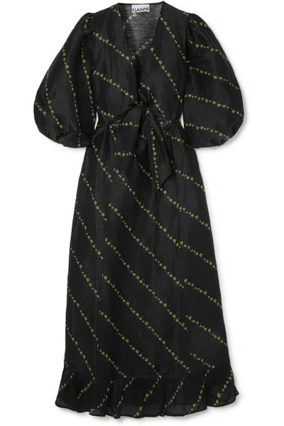 Shop Ganni Floral-print Linen And Silk-blend Midi Dress In Black