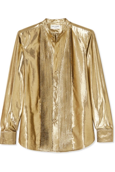 Shop Saint Laurent Pintucked Lamé Shirt In Gold