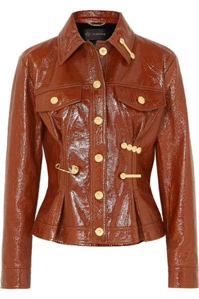 Shop Versace Embellished Textured Patent-leather Peplum Jacket In Brown