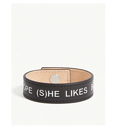 Shop Balmain Slogan-printed Leather Snap Bracelet In Black