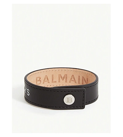 Shop Balmain Slogan-printed Leather Snap Bracelet In Black