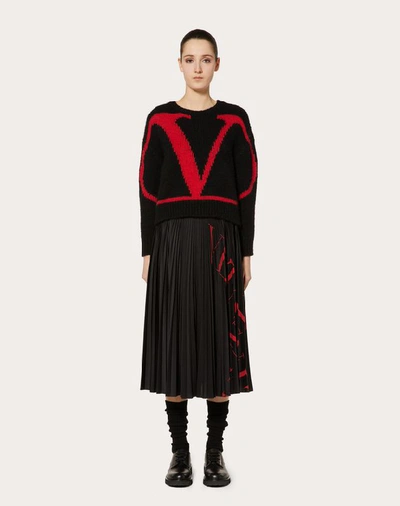 Shop Valentino Vltn Grid Pleated Jersey Skirt In Black/ Red