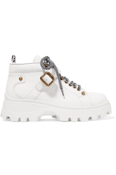 Shop Miu Miu Buckled Leather Ankle Boots In White