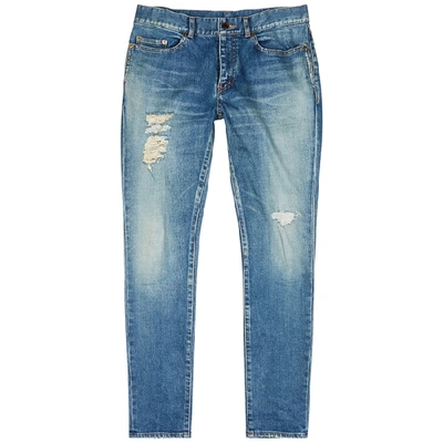 Shop Saint Laurent Blue Distressed Skinny Jeans