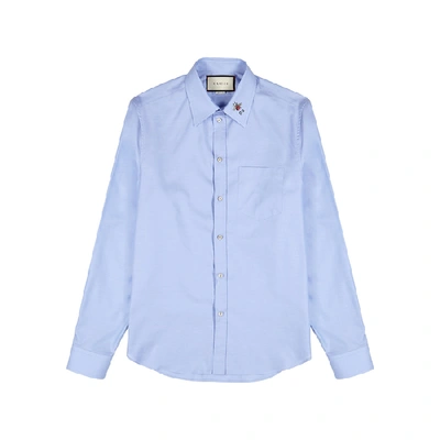 Shop Gucci Blue Bee-embroidered Cotton Shirt