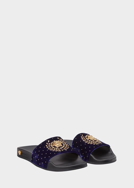 purple versace slides