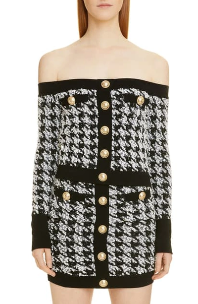 Shop Balmain Off The Shoulder Houndstooth Tweed Top In Eab Noir/ Blanc