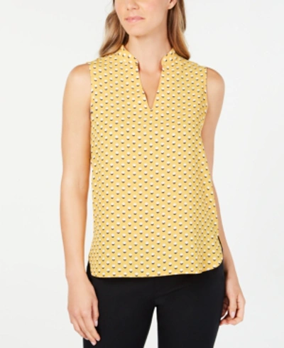 Shop Anne Klein Printed Split-neck Top In Cezanne Yellow/ Anne White Combo