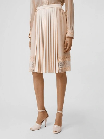 Shop Burberry Lace Detail Silk Panel Pleated Skirt In Soft Peach
