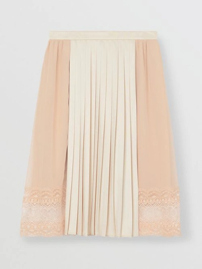 Shop Burberry Lace Detail Silk Panel Pleated Skirt In Soft Peach
