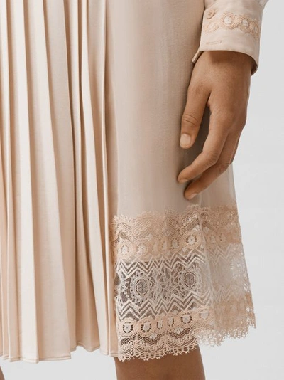 Shop Burberry Lace Detail Silk Panel Pleated Skirt In Soft Peach