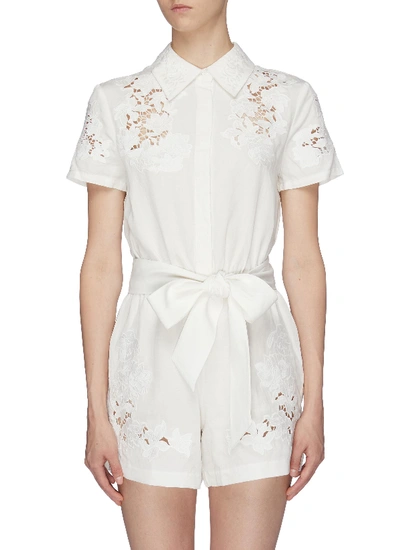 Shop Alice And Olivia 'lanna' Belted Guipure Lace Panel Rompers In White