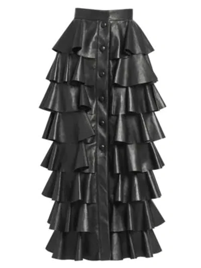 Shop Saint Laurent Women's Ruffle Leather Midi Skirt In Nero