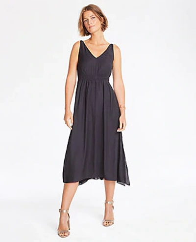 Shop Ann Taylor Petite Dot Jacquard Smocked Midi Dress In Black